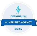 DesignRush Certified Verified Agency badge for 2024 with a blue banner and checkmark.