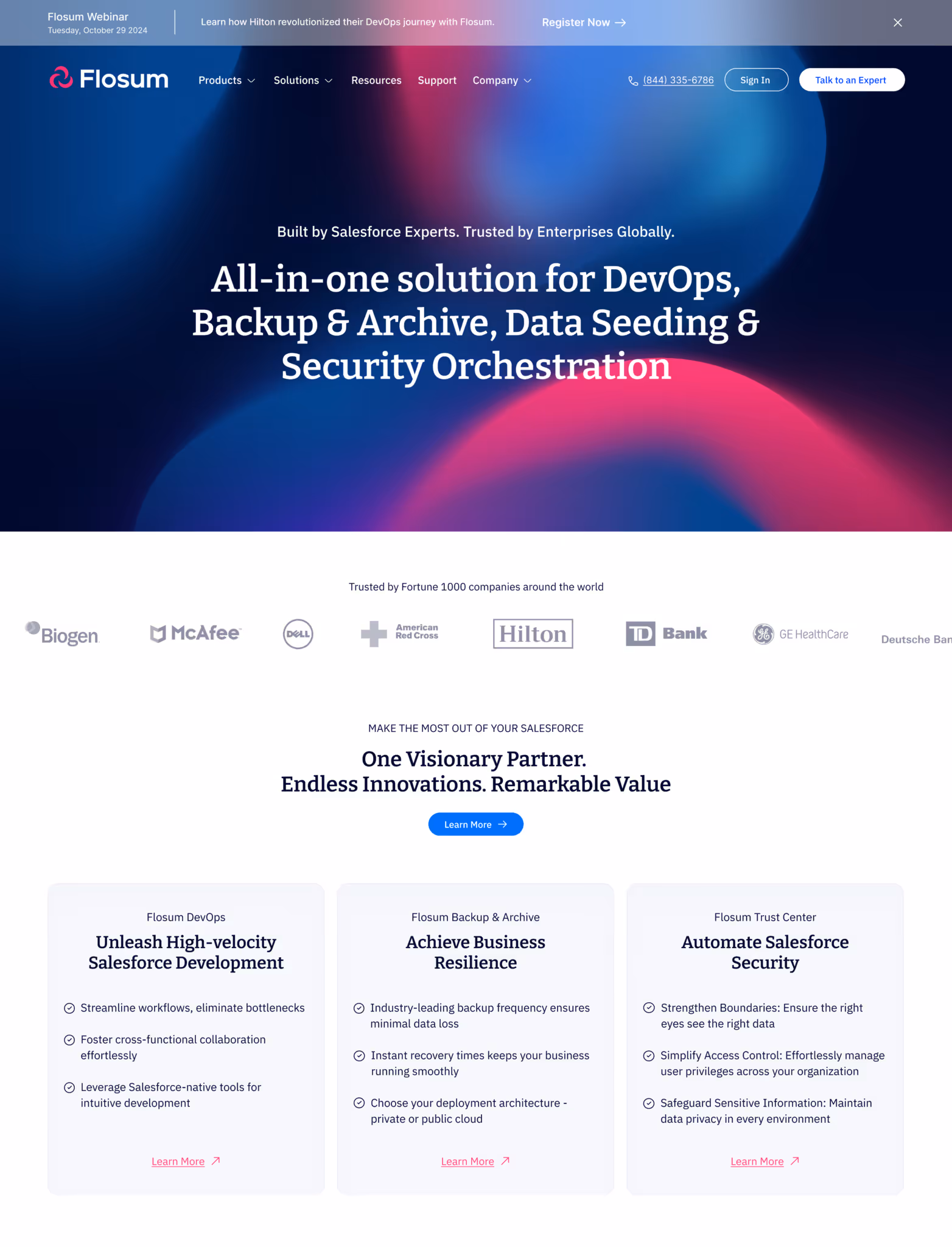 Flosum website homepage featuring an all-in-one DevOps, backup, archive, data seeding, and security orchestration solution with partner logos and service highlights.