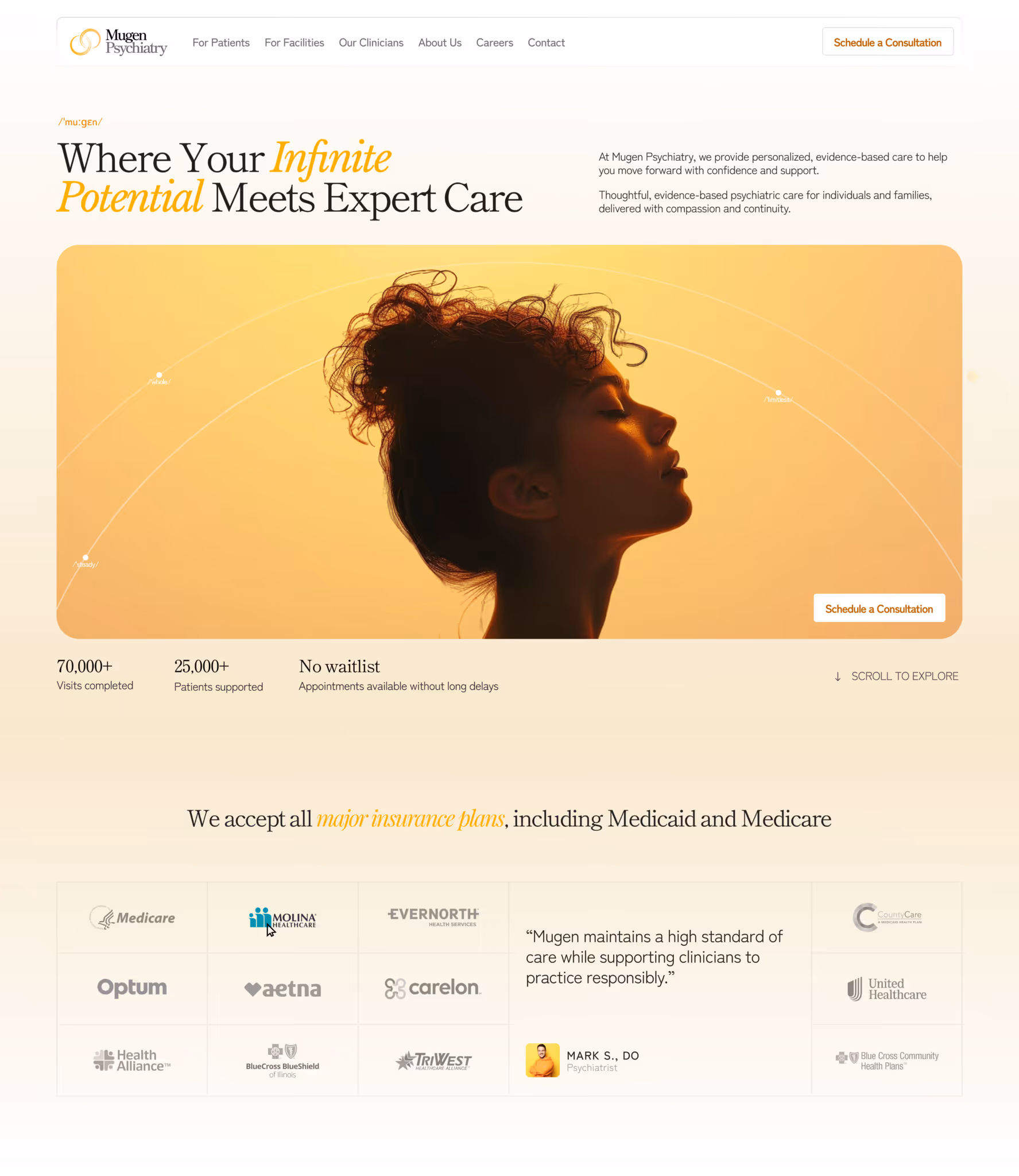 Mugen Psychiatry homepage with a profile silhouette of a woman against an orange background, highlighting personalized psychiatric care and insurance logos.
