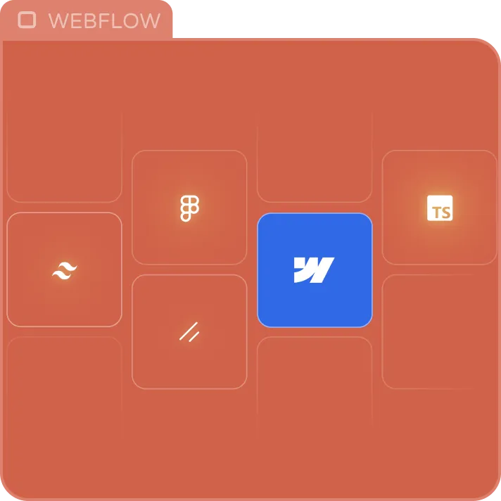 Webflow interface with icons for Tailwind CSS, Figma, TypeScript, and Webflow highlighted on a red background with a blue Webflow icon.