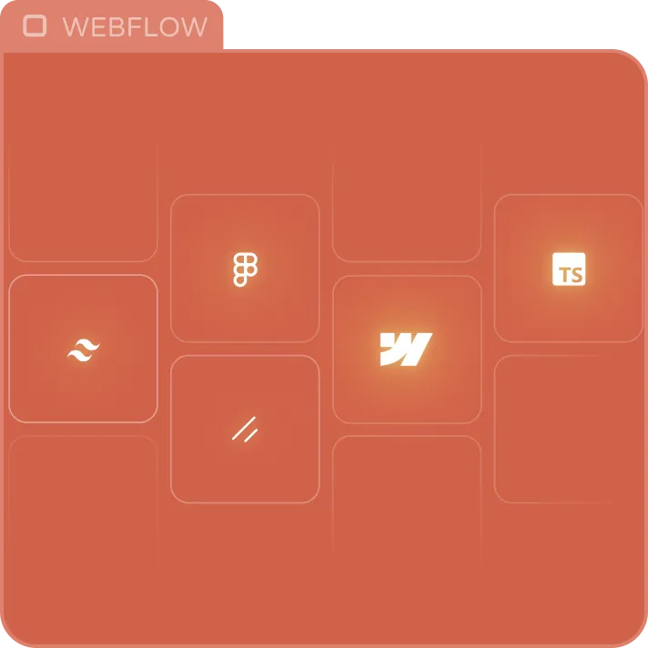 Webflow interface showcasing keyboard shortcuts with icons for Tailwind CSS, Figma, and TypeScript highlighted.